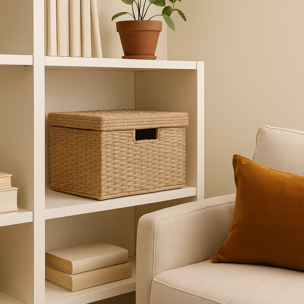 Neutral lidded storage basket for shelves