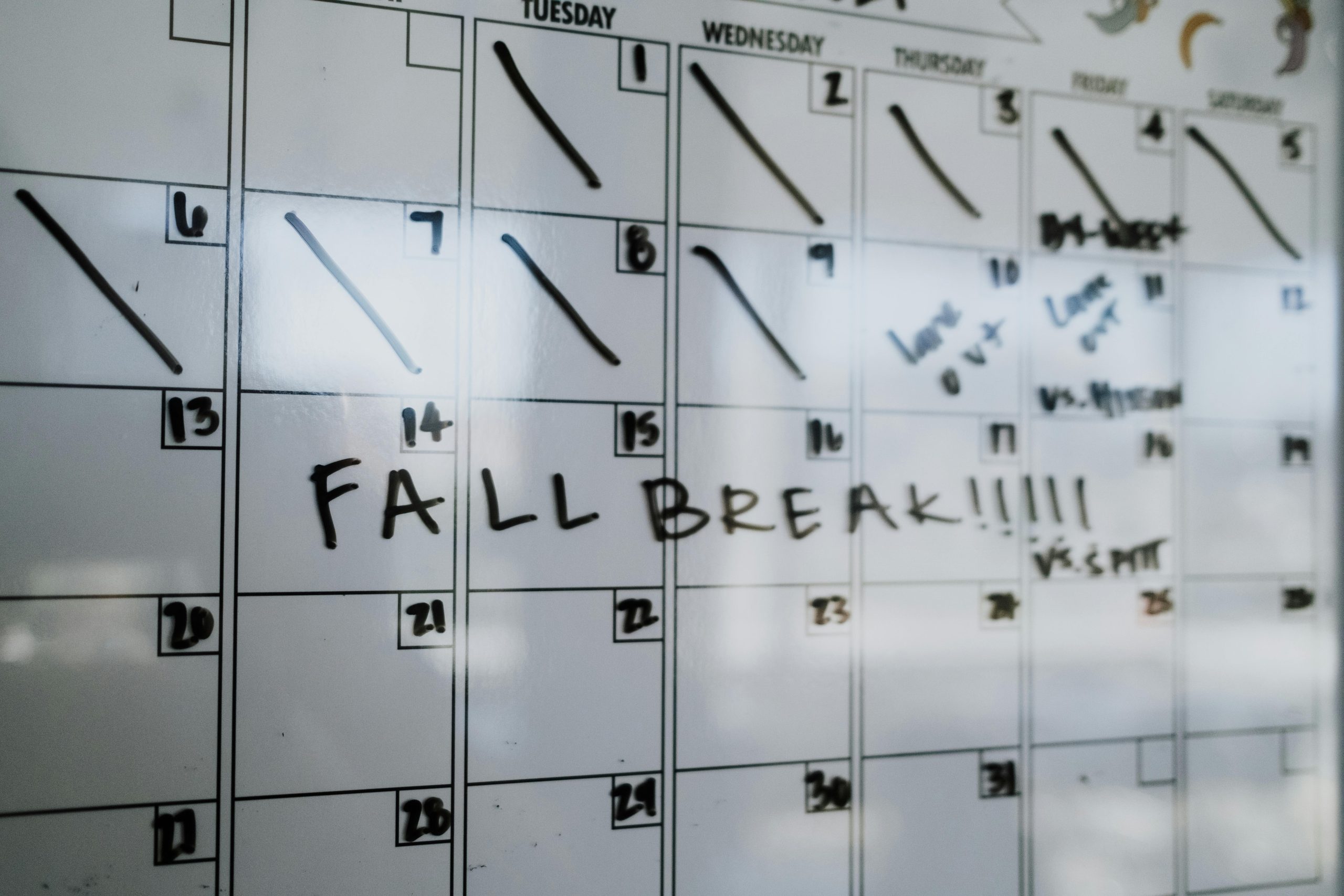 White board calendar for back to school schedule