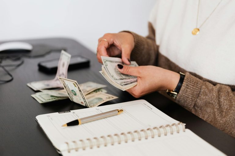 Organized finances, woman working budget with money and notepad