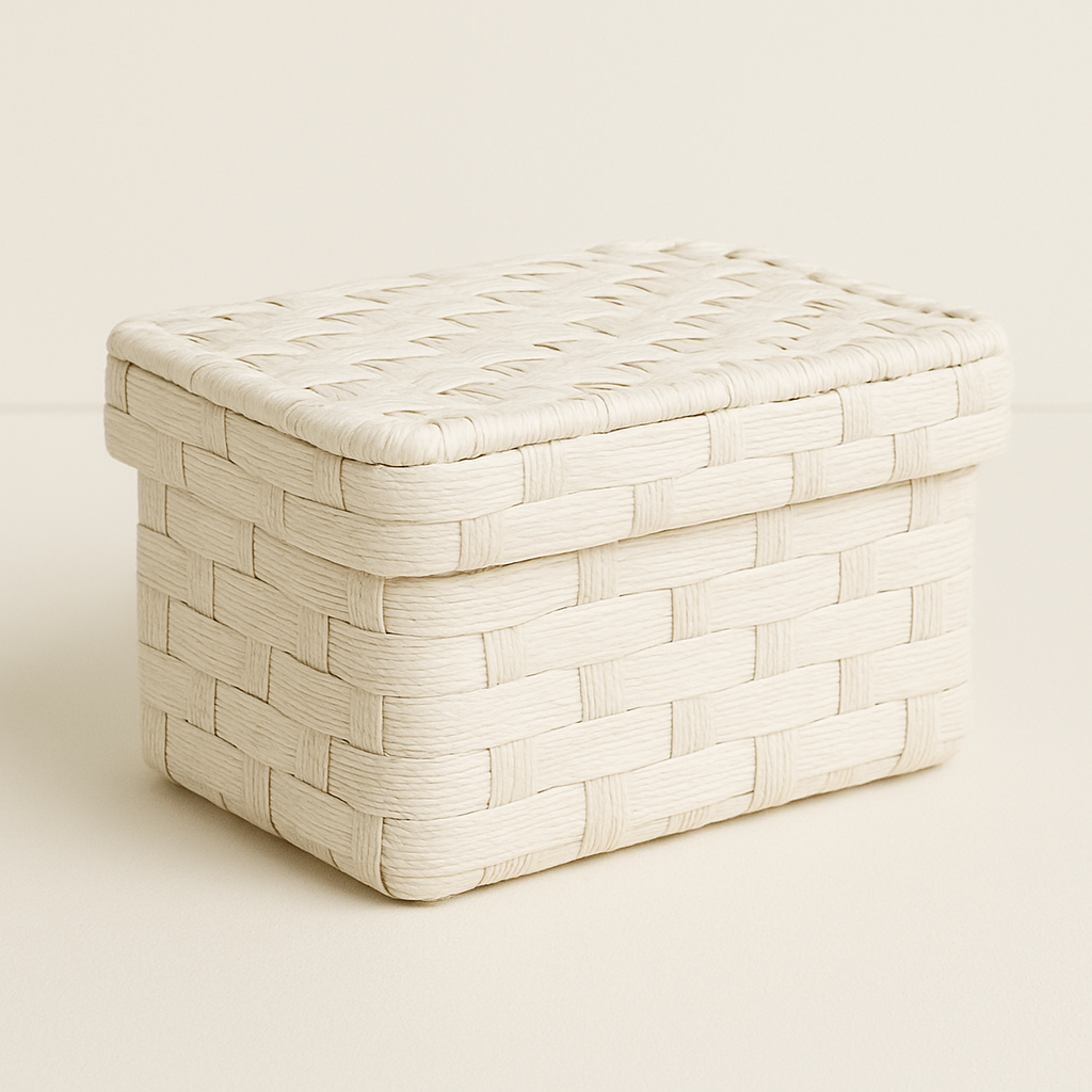 Neutral lidded basket for nail tools and supplies