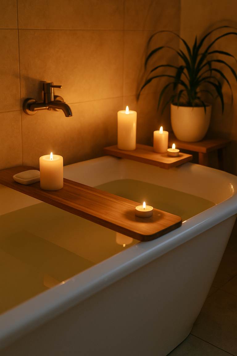 Self-care Bath with candles in a relaxing dim lit bathroom