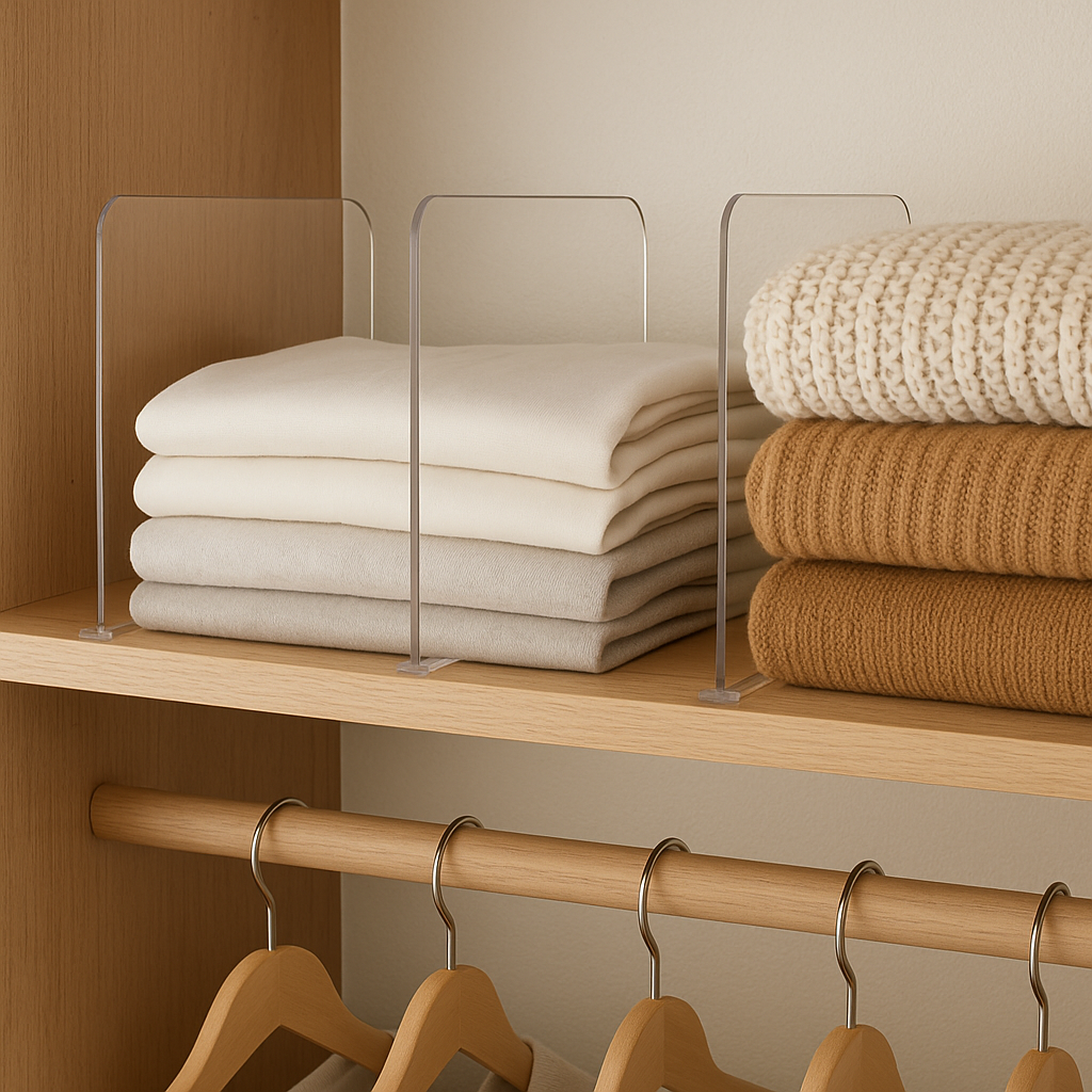 Clear acrylic shelf dividers for closet organization